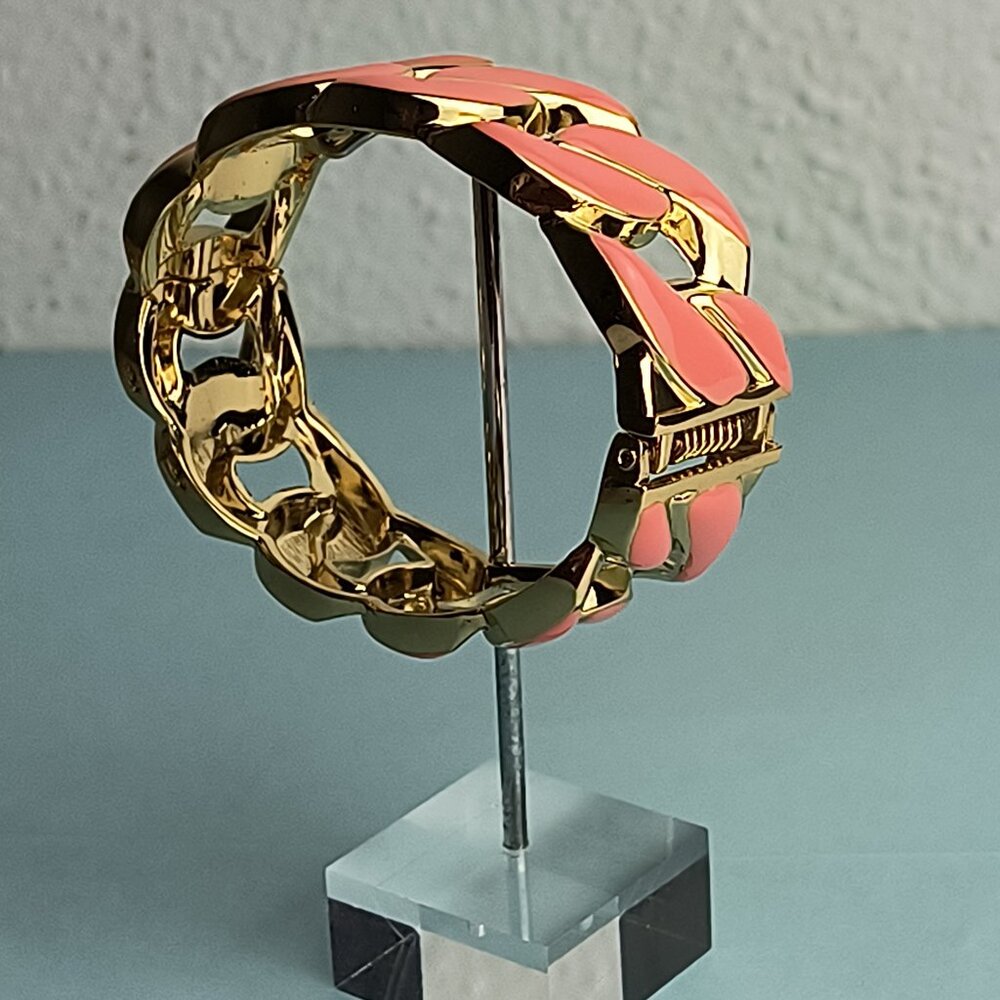 Statement Chain Link Glaze Hinged Bangle Bracelet Oval Coral Pink Gold M…